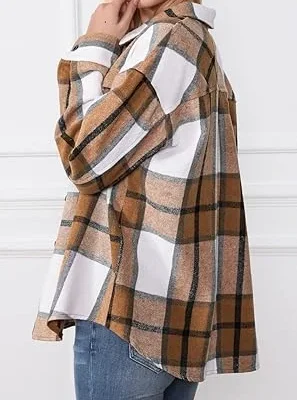 Trendy Queen Womens Flannel Shacket Casual Jacket Plaid Button Down Long Sleeve Shirt Fall Winter Outfits
